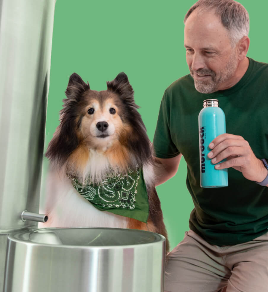 Owner with dog drinking fountain